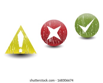 Accept, reject and alert grunge vector icons.