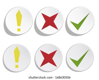 Accept, reject and alert white pushed and released buttons. Vector illustration