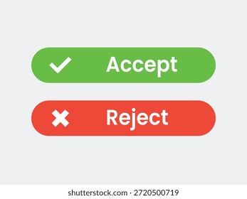 Acepte y rechace los íconos de Botón en colores verde y rojo para el diseño de la interfaz de usuario. Una ilustración de primer plano de dos Botones de diseño planos. El Botón superior es verde con una marca de verificación y la palabra 'Aceptar'. El Botón inferior es rojo con una cruz y la palabra 'Rechazar'. Estos Botones son Elementos comúnmente utilizados en interfaces de usuario para aplicaciones de Web o móviles, proporcionando una clara representación visual para opciones de confirmación o denegación.