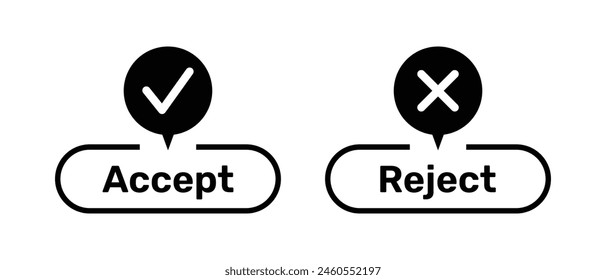 Accept and Reject buttons with right and wrong symbols. Right and Wrong symbols with Accept and Reject buttons black color. Tick and cross symbols with accept and reject buttons.