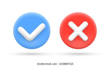 Accept and reject icons in 3d cartoon style. Check mark and cross. Vector illustration.