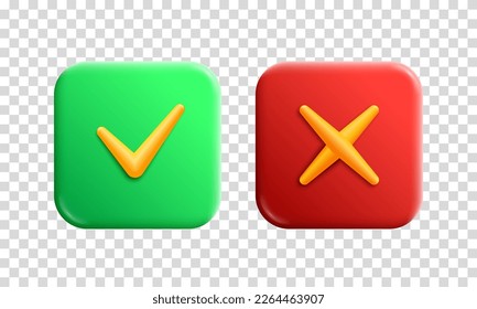 Accept and reject vector 3d render buttons. Tick check and cross marks app icons with transparent background. Rounded rectangle shapes for web and mobile applications. Yes and no graphic symbols