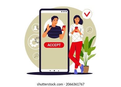 Accept Request Concept. Accepting Friend Request. Vector Illustration. Flat