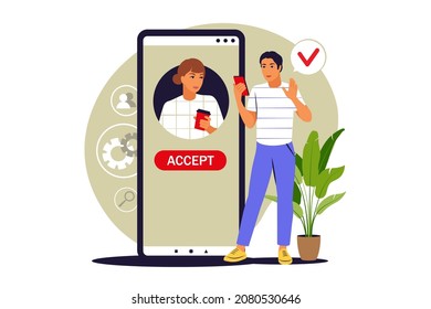 Accept Request Concept. Accepting Friend Request. Vector Illustration. Flat