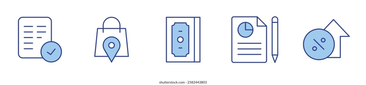 accept, shopping bag, money, report, rate. Icon vector illustration. Line Duotone style. Editable stroke.