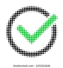 Accept tick halftone dotted icon. Halftone array contains circle points. Vector illustration of accept tick icon on a white background.