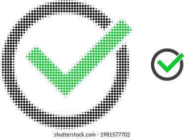 Accept tick halftone dotted icon illustration. Halftone pattern contains circle elements. Vector illustration of accept tick icon on a white background. Flat abstraction for accept tick pictogram.