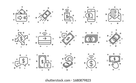 Aceptar transferencia, Pago por teléfono y tarjeta de crédito. Iconos de línea de pago de dinero. Juego de iconos lineal de efectivo. Elementos geométricos. Señales de calidad. Vector
