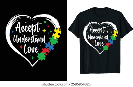 Accept, Understand, Love Autism Awareness Heart T-Shirt Design