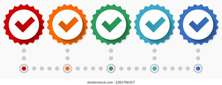 Akzeptieren Sie Vektorsymbol-Set, bunter Infografik-Vorlage, Set von flachen Design-Button-Symbolen in 5 Farboptionen