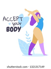 Accept Your Body. Female Character with Purple Hair Dressed in Sports Suit Dance on White Background with Herbs and Heart. Plus Size Woman. Body Positive Movement. Cartoon Flat Vector Illustration.