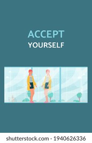Accept yourself banner or poster with confident woman flat vector illustration.