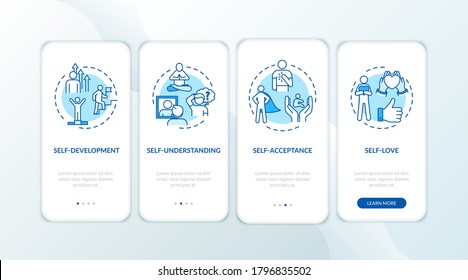 Accept yourself onboarding mobile app page screen with concepts. Self awareness. Individuality walkthrough 4 steps graphic instructions. UI vector template with RGB color illustrations