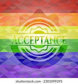 Acceptance emblem on mosaic background with the colors of the LGBT flag. 
