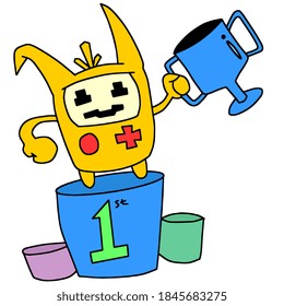 aceptación del primer trofeo de la competencia de juego. emoticono de mascota de ilustraciones de dibujos animados
