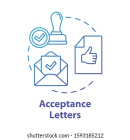 Acceptance letters concept icon. Envelope with approved document. Mailing acceptance letters. Successful verification idea thin line illustration. Vector isolated outline drawing