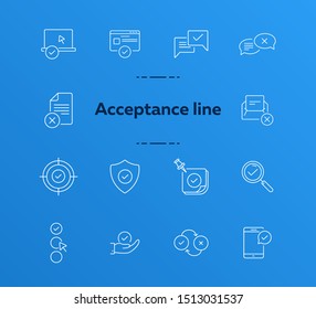 Acceptance line icons. Set of line icons. Letter with checkmark, approved documents. Checkmark concept. Vector illustration can be used for topics like work, business