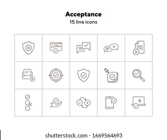 Acceptance line icons. Set of line icons. Letter with checkmark, approved documents. Checkmark concept. Vector illustration can be used for topics like work, business