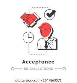 Icono de concepto lineal moderno de aceptación. Adaptación a los procesos. Cinco etapas de duelo. Gestión del cambio organizacional. Elementos de contorno plano conectados con líneas punteadas. Visual creativo. Fácil de editar