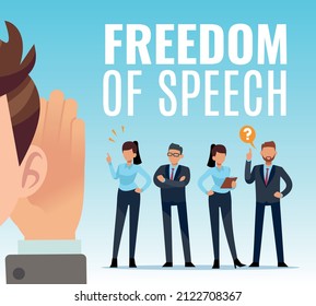 Acceptance of opinions and suggestions, complaints. Boss listens to advice of subordinates, freedom of speech, gossips in company, colleagues discussion on meeting, vector concept