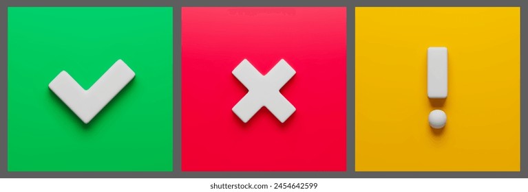 Acceptance, rejection and attention 3d square buttons set. Right, wrong and exclamation caution check marks. Tick, cross, exclamation point three-dimensional rendering vector illustration