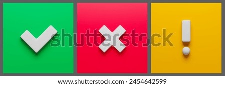 Acceptance, rejection and attention 3d square buttons set. Right, wrong and exclamation caution check marks. Tick, cross, exclamation point three-dimensional rendering vector illustration