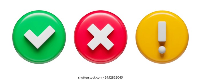 Acceptance, rejection and attention symbols in glossy circles set, 3d buttons. Right, wrong and exclamation check marks three-dimensional rendering vector illustration