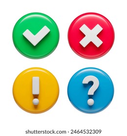 Acceptance, rejection, question and attention check marks in glossy circles set, 3d buttons. Right, wrong, interrogation and exclamation signs three-dimensional rendering vector illustration