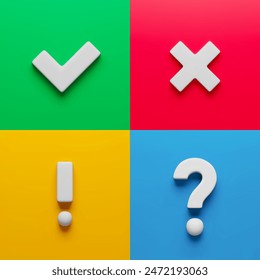 Acceptance, rejection, question and attention check marks set. Right, wrong, interrogation and exclamation signs in checkboxes three-dimensional rendering vector illustration