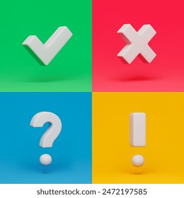 Acceptance, rejection, question and attention rotating check marks set. Right, wrong, interrogation and exclamation signs in checkboxes three-dimensional rendering vector illustration