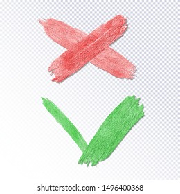 Acceptance and rejection symbol. Green checkmark OK and red X icons isolated on transparent background. Button for Check list marks, choice options, survey signs, vote, decision, web. Vector