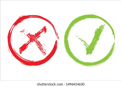 Acceptance and rejection symbol. Green checkmark OK and red X icons isolated on white background. Button for Check list marks, choice options, survey signs, vote, decision, web. Vector