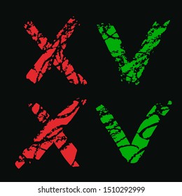 Acceptance and rejection symbol. Green checkmark OK and red X icons isolated on black background. Button for Check list marks, choice options, survey signs, vote, decision, web. Vector