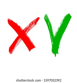 Acceptance and rejection symbol. Green checkmark OK and red X icons isolated on white background. Button for Check list marks, choice options, survey signs, vote, decision, web. Vector