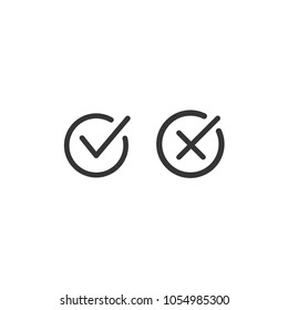 Acceptance and rejection symbol vector buttons for vote, election choice. Circle brush stroke borders. Symbolic OK and X icon isolated on white.Tick and cross signs, checkmarks design. Vector graphic