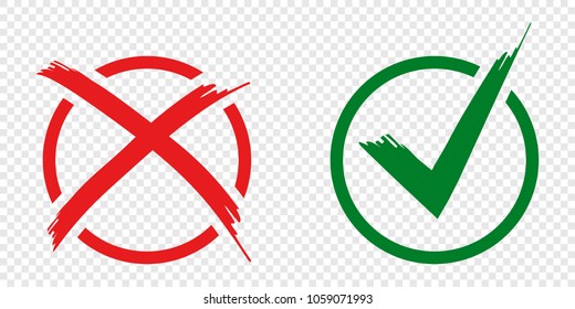Acceptance and rejection symbol vector buttons for vote, election choice. Circle brush stroke borders. Symbolic OK and X icon isolated on white.Tick and cross signs, checkmarks design