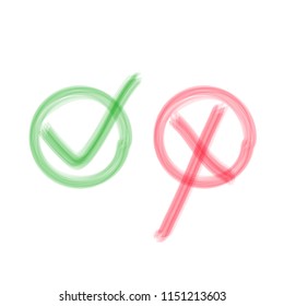 Acceptance and rejection symbol vector buttons for vote, election choice. Circle brush stroke borders. Symbolic OK and X icon isolated on white texture.Tick and cross signs, checkmarks design.