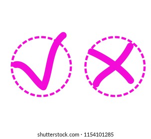 Acceptance and rejection symbol vector buttons for vote, election choice. Circle brush stroke borders. Symbolic OK and X icon isolated on white