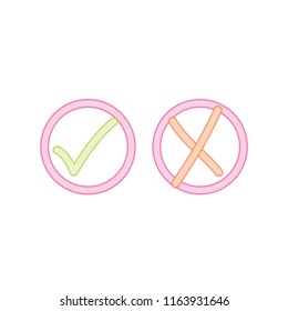 Acceptance and rejection symbol vector buttons for vote, election choice. Circle neon stroke borders. Symbolic OK and X icon isolated on white. Neon tick and cross signs, check marks design.