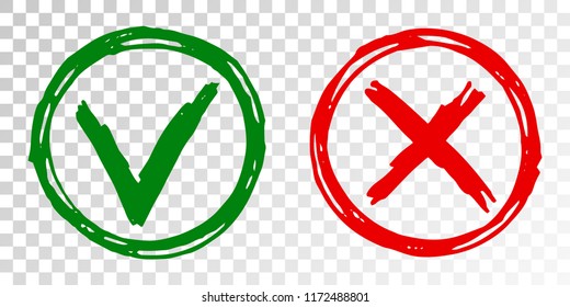 Acceptance and rejection symbol vector buttons for vote, election choice. Circle scribble borders. Symbolic OK and X icon isolated on transparent background. Tick and cross signs, checkmarks design.