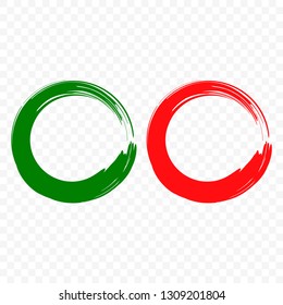 Acceptance and rejection symbol vector buttons for vote, election choice. Circle brush stroke borders. Symbolic OK and X icon isolated on white background. Green - consent, red - failure.