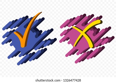 Acceptance and rejection symbol vector buttons for vote, election choice. Symbolic OK and X icon isolated on a transparent background. Tick and cross signs, checkmarks design