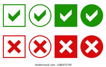 Acceptance and rejection symbol vector buttons for vote, election choice. Square circle frame borders. Symbolic green red yes no OK X icons isolated on white.Tick and cross signs checkmarks design