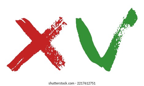 Acceptance And Rejection Symbol Vector Buttons For Vote, Election Choice. Brush Stroke Style Form Signs. Symbolic OK And X Icon Isolated On White.Tick And Cross Signs, Checkmarks Design.