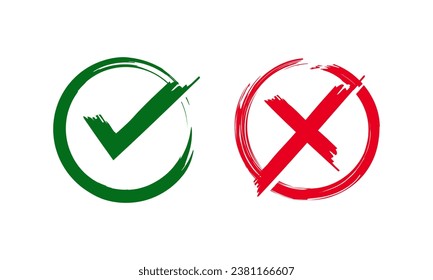 Acceptance and rejection symbol vector buttons for vote, election choice. Circle brush stroke borders. Symbolic OK and X icon isolated on white background.Tick and cross signs, checkmarks design.