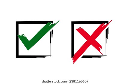 Acceptance and rejection symbol vector buttons for vote, election choice. Circle brush stroke borders. Symbolic OK and X icon isolated on white background.Tick and cross signs, checkmarks design.