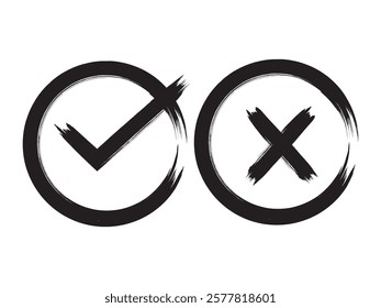 Acceptance and rejection symbol vector buttons for vote, election choice. Circle brush stroke borders. Symbolic OK and X icon isolated on transparent.Tick and cross signs, checkmarks design.
Vector Fo