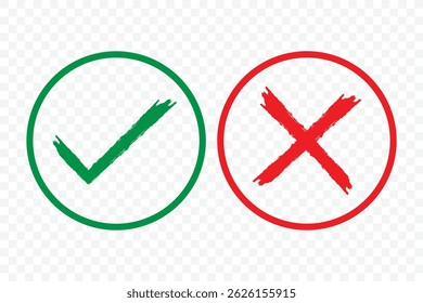 Acceptance and rejection symbol vector buttons. Hand-drawn Green brush check mark. Tick and cross brush signs. 
