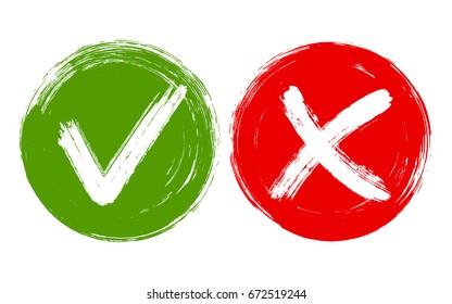Acceptance and rejection symbol vector buttons for vote, election choice. Green painted symbolic approval icons isolated on white. Tick and cross signs, approval check marks design.