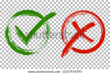 Acceptance and rejection symbol vector buttons for vote, election choice. Circle brush stroke borders. Symbolic OK and X icon isolated on transparent.Tick and cross signs, checkmarks design.